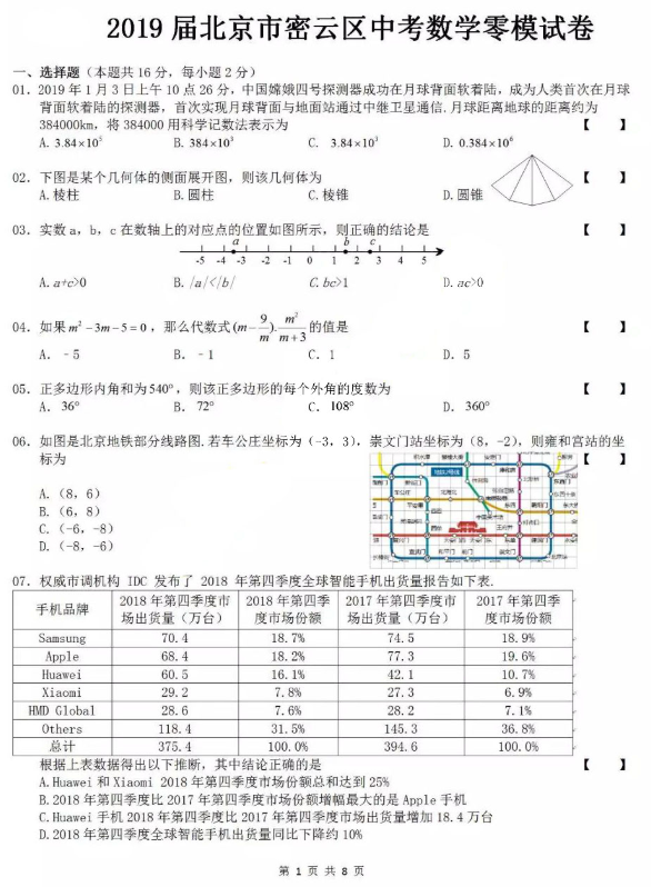 2019北京密云区中考一模数学试题及答案