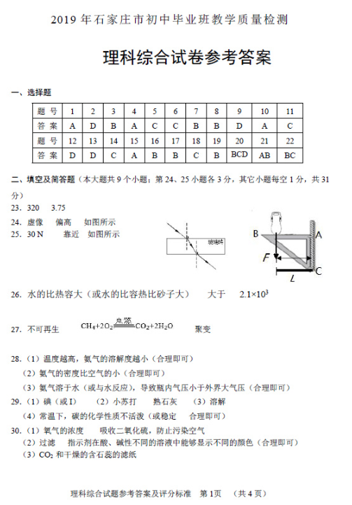 2019石家庄中考一模化学试卷及答案