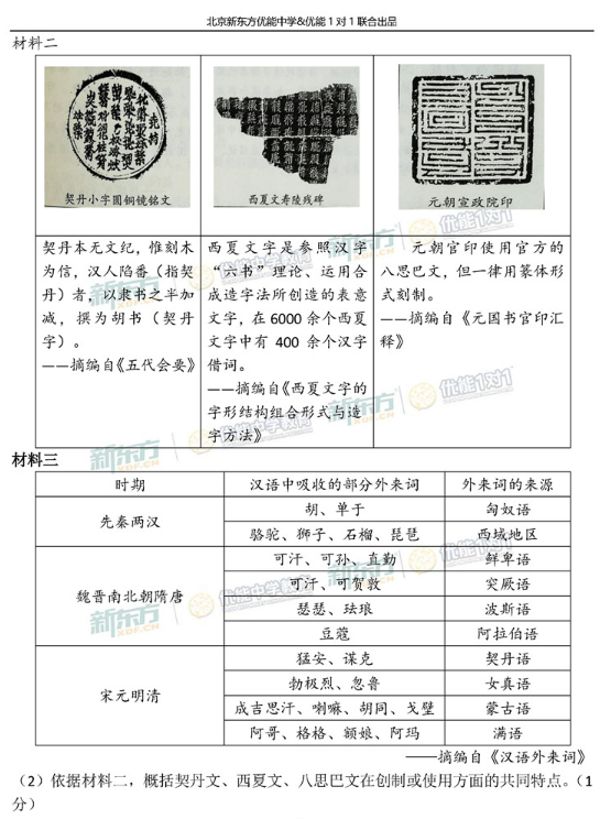 2019北京西城区中考一模历史试题及答案