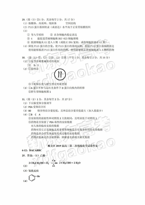 2019北京顺义区高三二模理综试题及答案