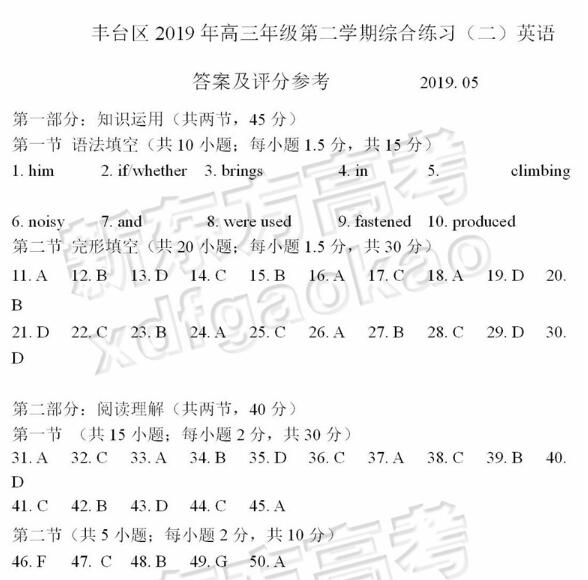 2019北京丰台区高三二模英语试题及答案