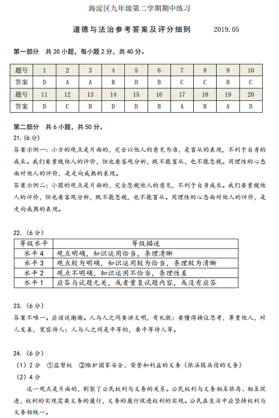 2019北京海淀区中考一模政治试题及答案