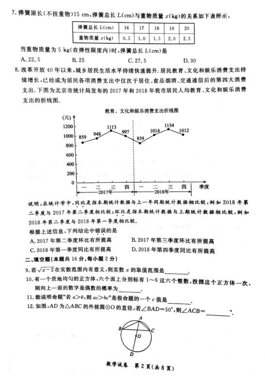 2019北京东城区中考一模数学试题及答案