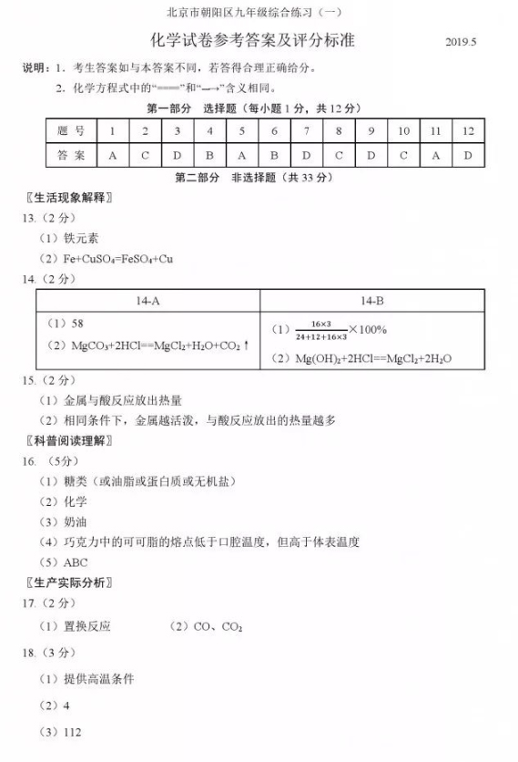 2019北京朝阳区中考一模化学试题及答案