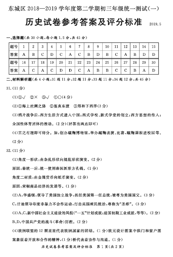 2019北京东城区中考一模历史试题及答案