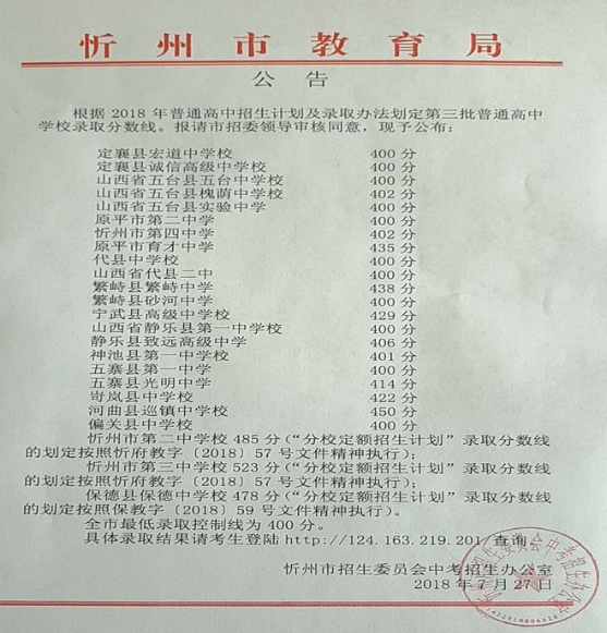 2018山西忻州中考分数线