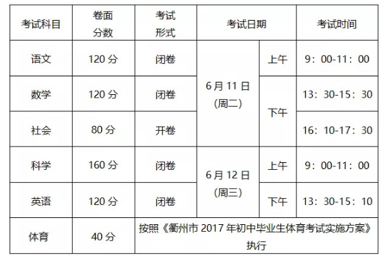 浙江衢州2019中考时间：6月11日至12日