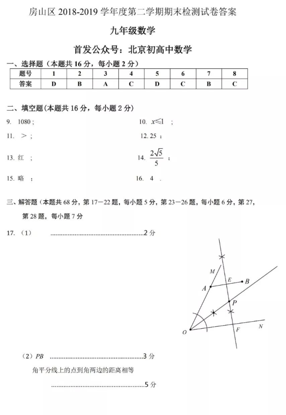 2019北京房山区中考二模数学试题及答案