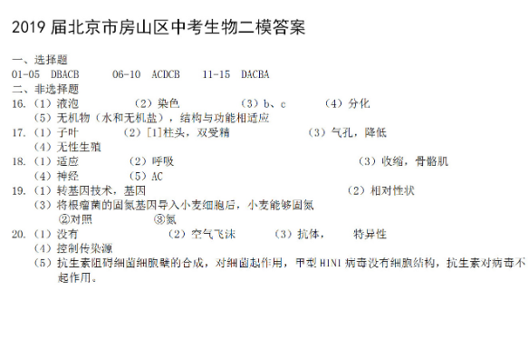 2019北京房山区中考二模生物试题及答案