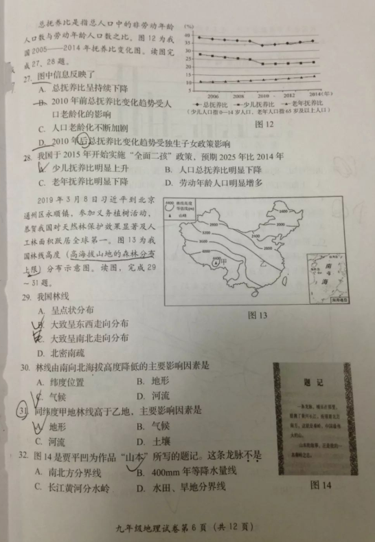 2019北京房山区中考二模地理试题及答案