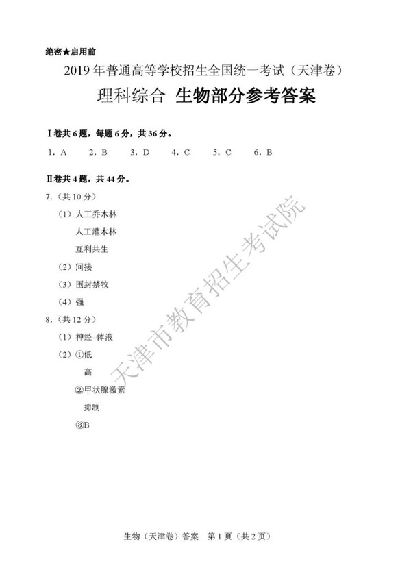 2019天津高考生物试题及参考答案