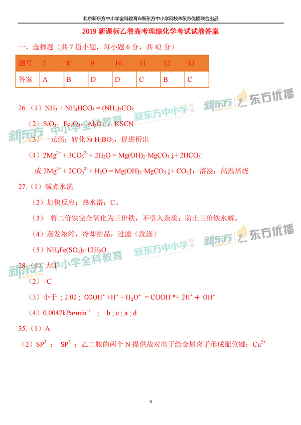 2019全国卷一高考化学试题及答案