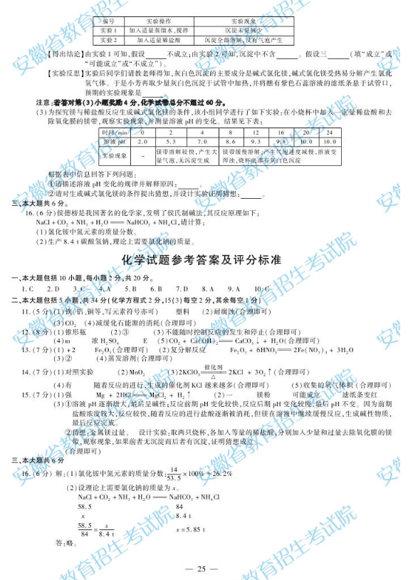 2019安徽中考化学试题及答案