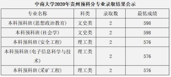 中南大学2020年贵州少数民族预科班分专业高考录取分数线