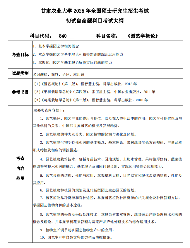 2025甘肃农业大学考研参考书目