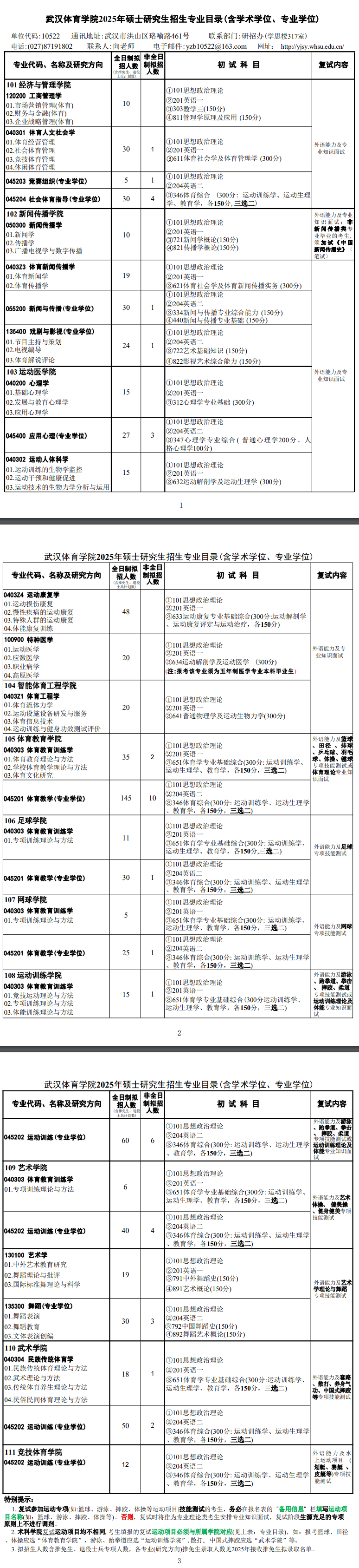 2025武汉体育学院研究生招生专业目录及考试科目