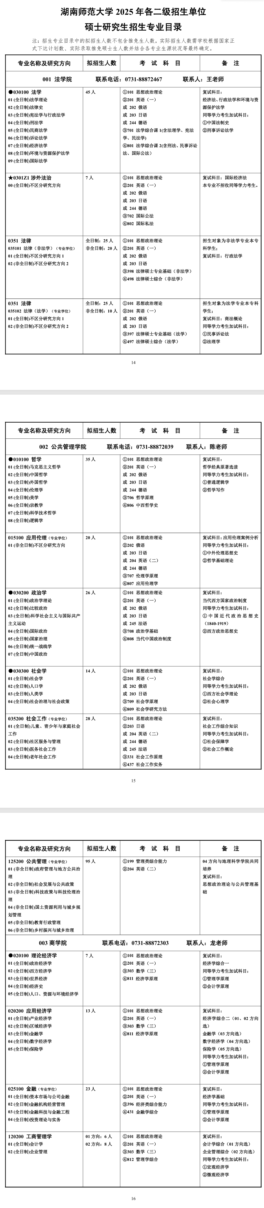 2025湖南师范大学研究生招生专业目录及考试科目