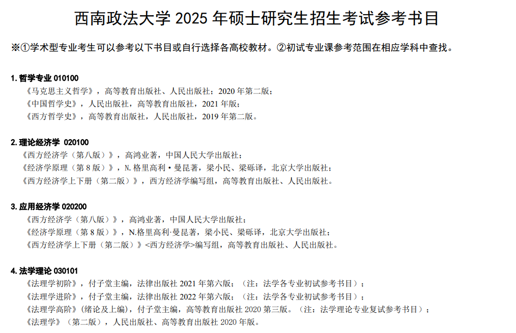 2025西南政法大学考研参考书目