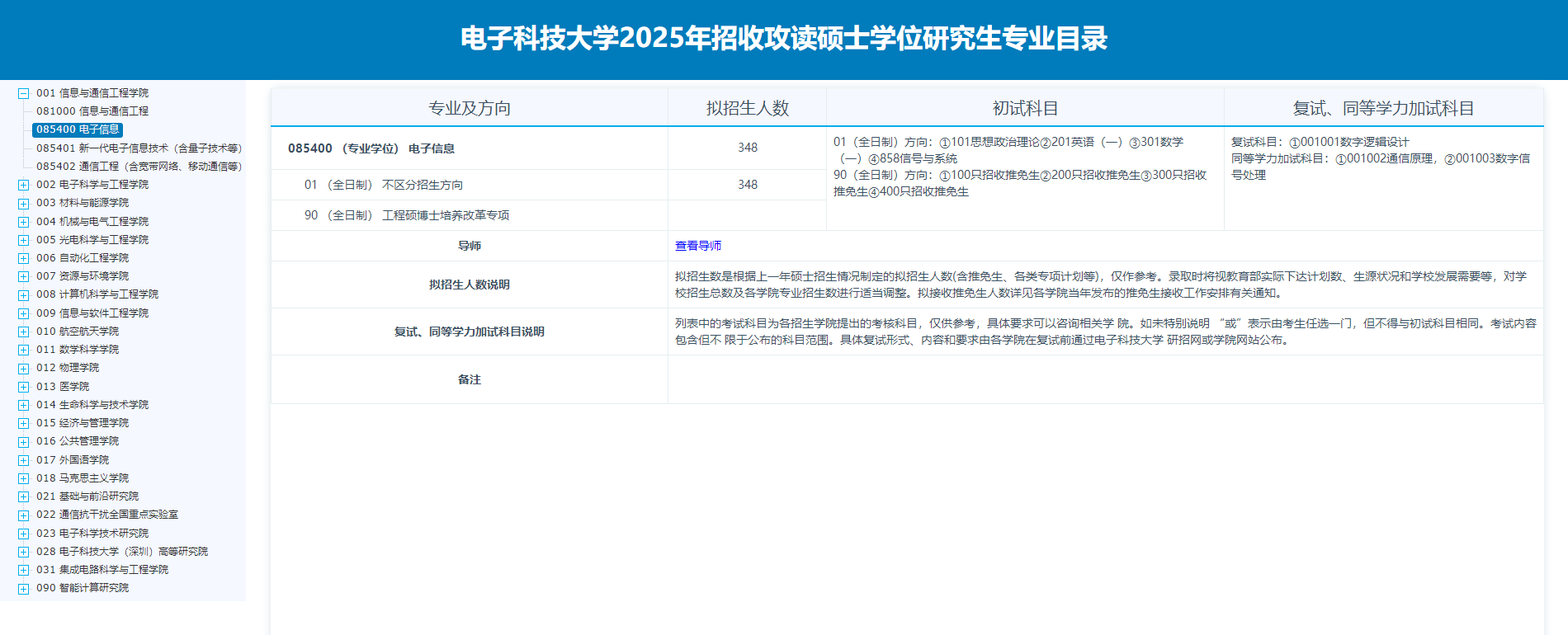 2025电子科技大学研究生招生专业目录及考试科目