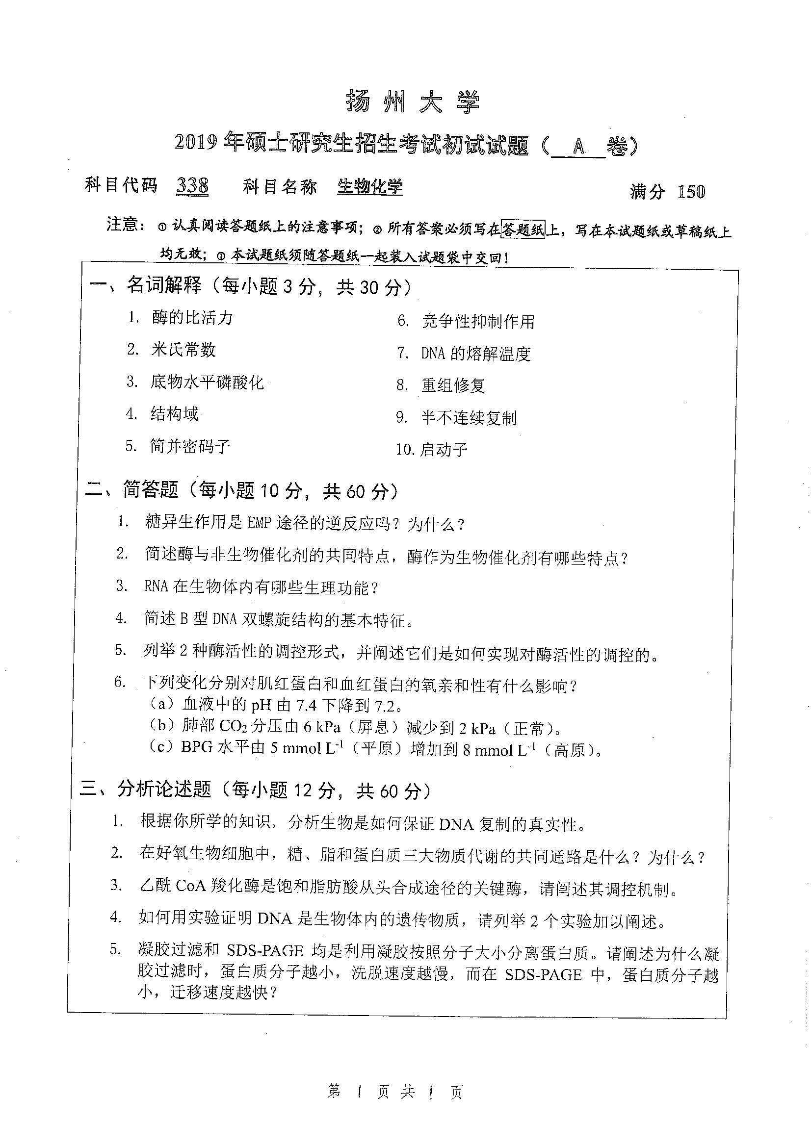 338-生物化学2019年考研初试试卷真题（چ��