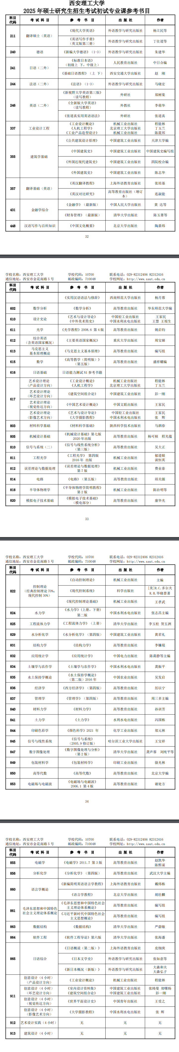 2025西安理工大学考研参考书目