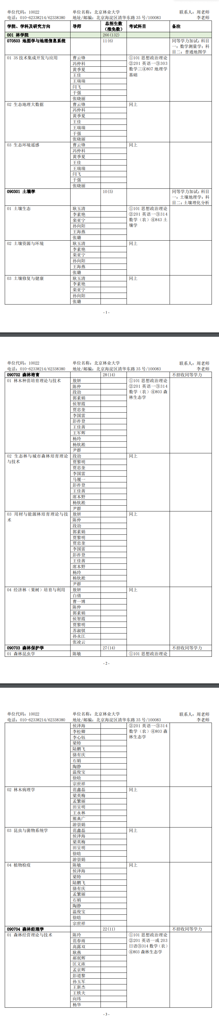 2025北京林业大学研究生招生专业目录及考试科目