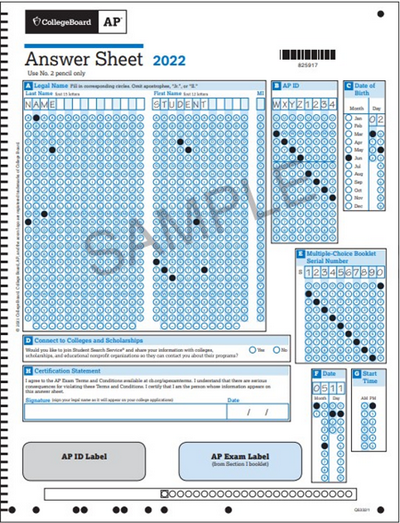 答题卡正面的样例