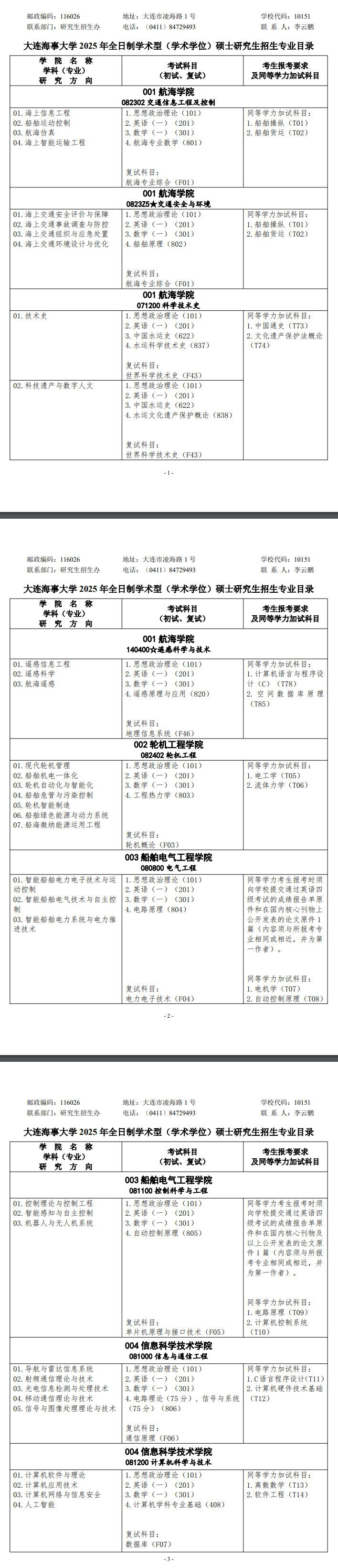 2025大连海事大学研究生招生专业目录及考试科目