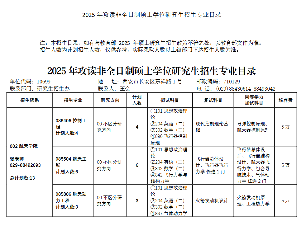 2025西北工业大学研究生招生专业目录及考试科目