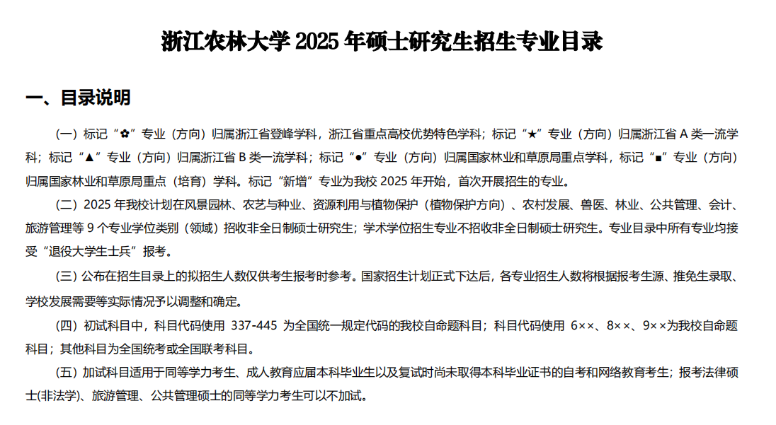 2025浙江农林大学研究生招生专业目录及考试科目