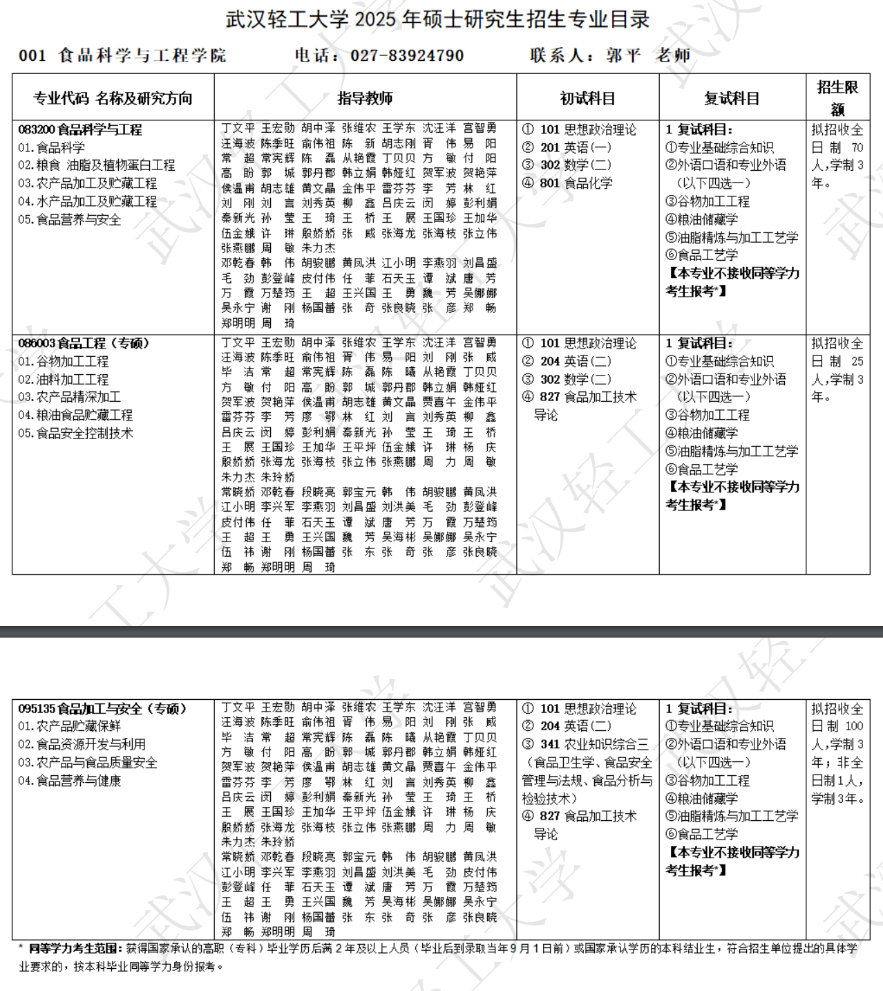 2025武汉轻工大学研究生招生专业目录及考试科目