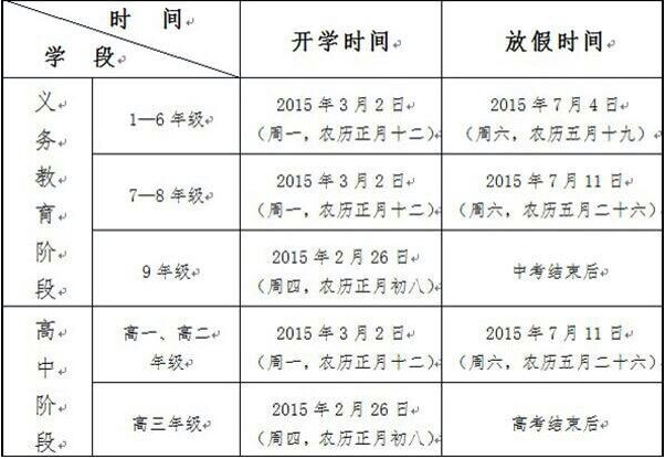 2015年贵州高中寒假开学时间