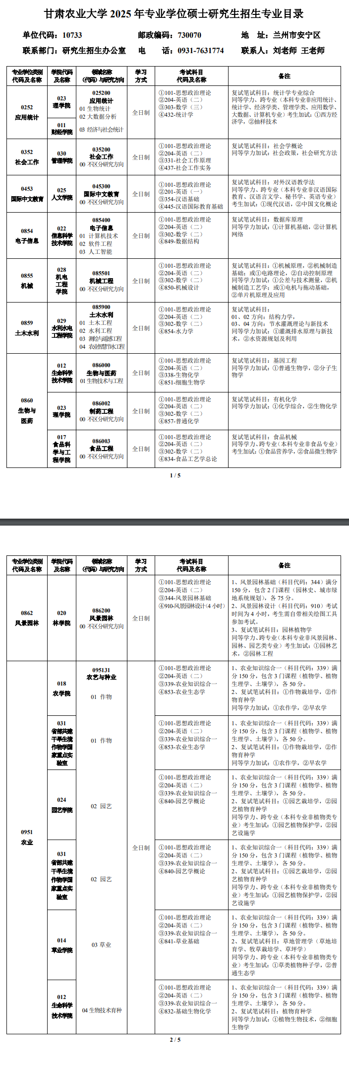 2025甘肃农业大学研究生招生专业目录及考试科目