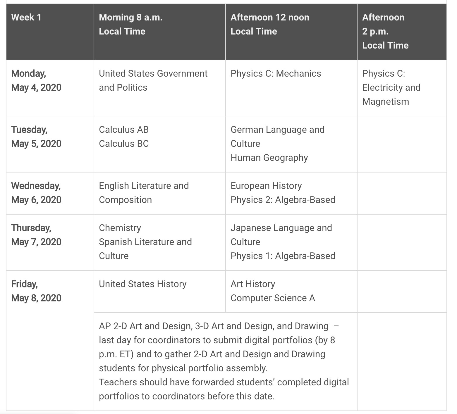 2020年AP各学科考试时间表公布！