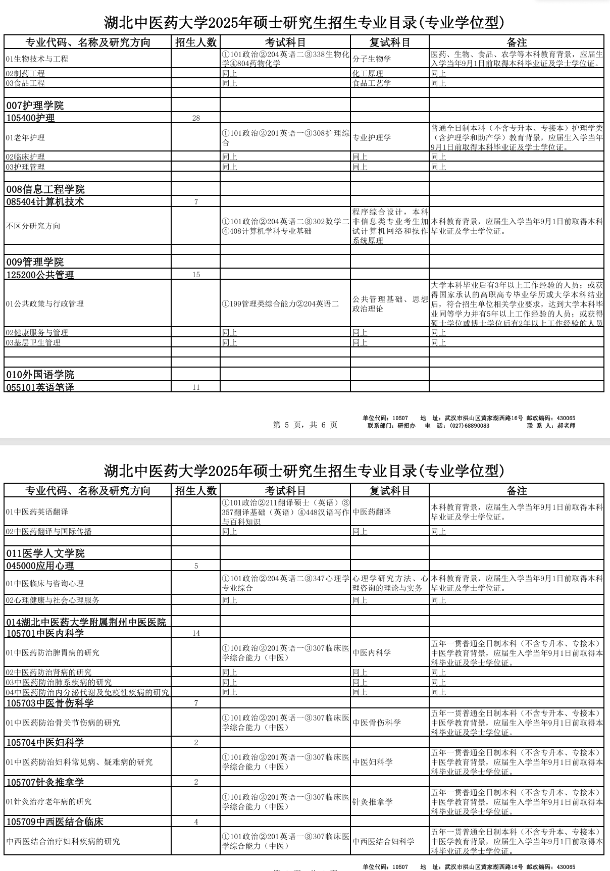 2025湖北中医药大学研究生招生专业目录及考试科目