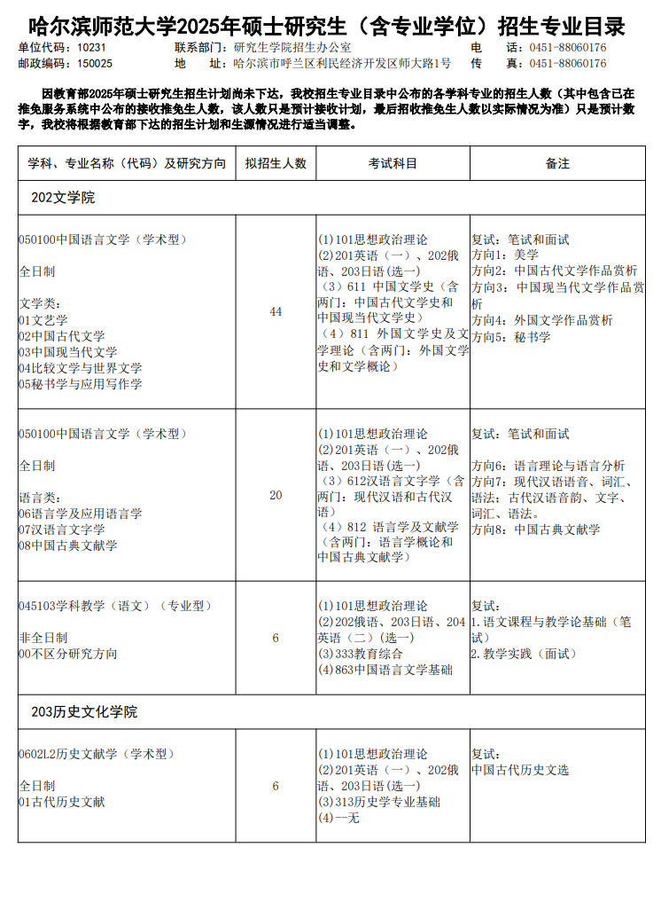 2025哈尔滨师范大学研究生招生专业目录及考试科目