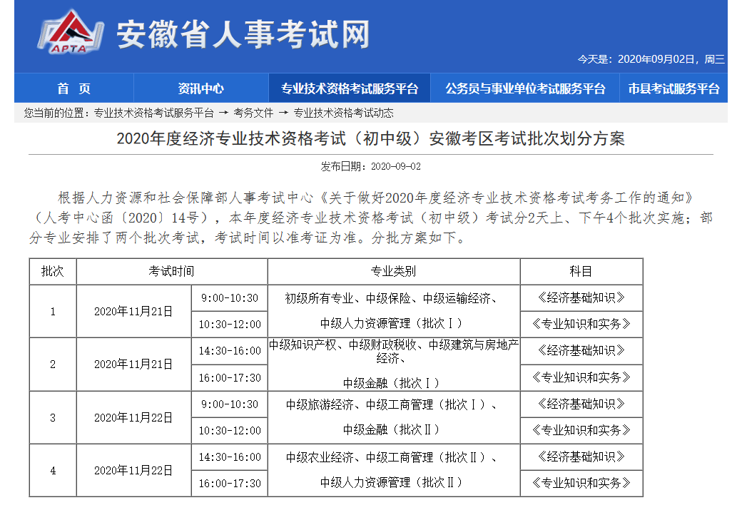 2020年初中级经济师考试安排