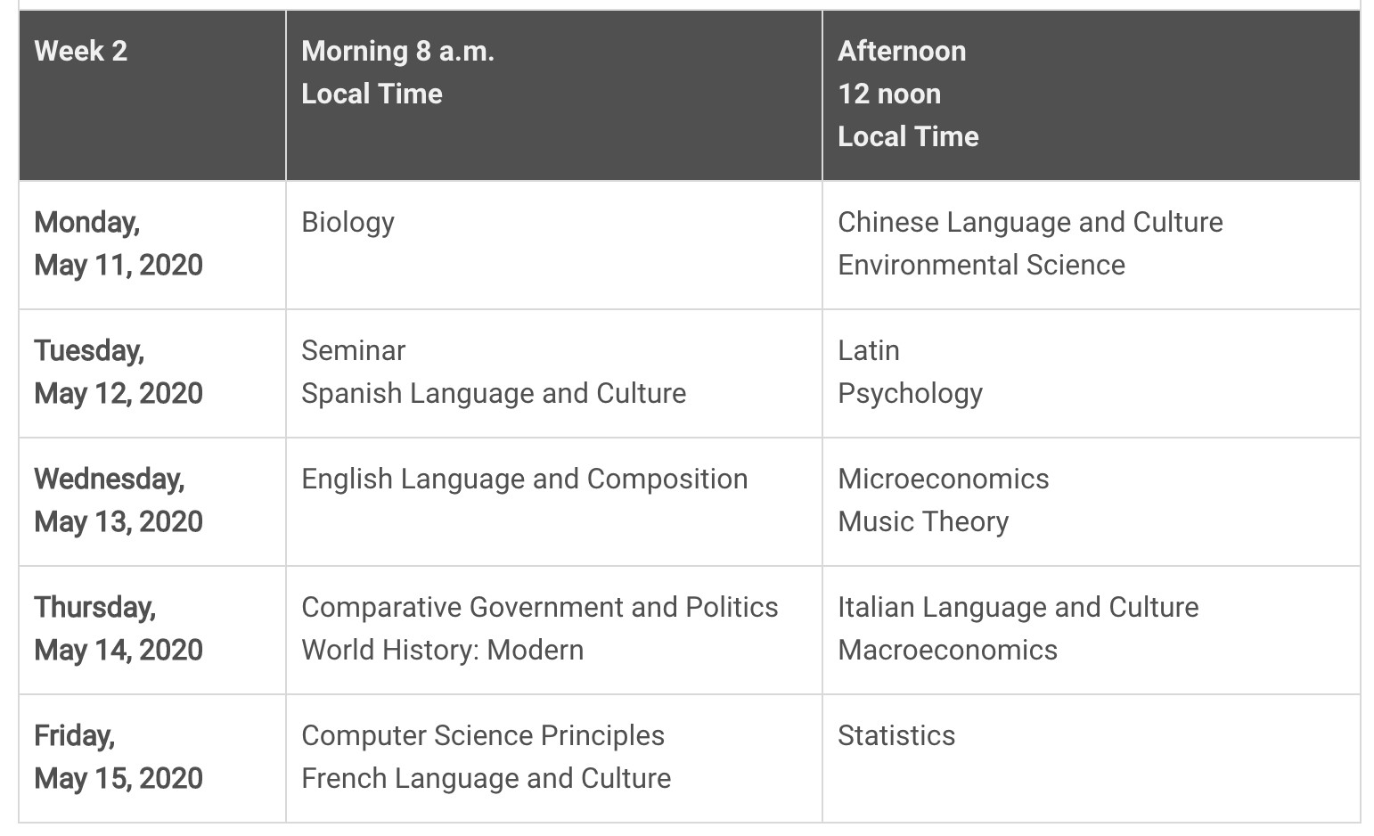 2020年AP各学科考试时间表公布！