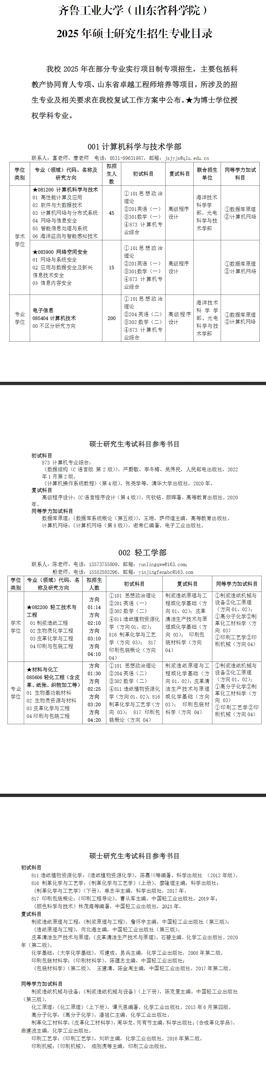 2025齐鲁工业大学研究生招生专业目录及考试科目