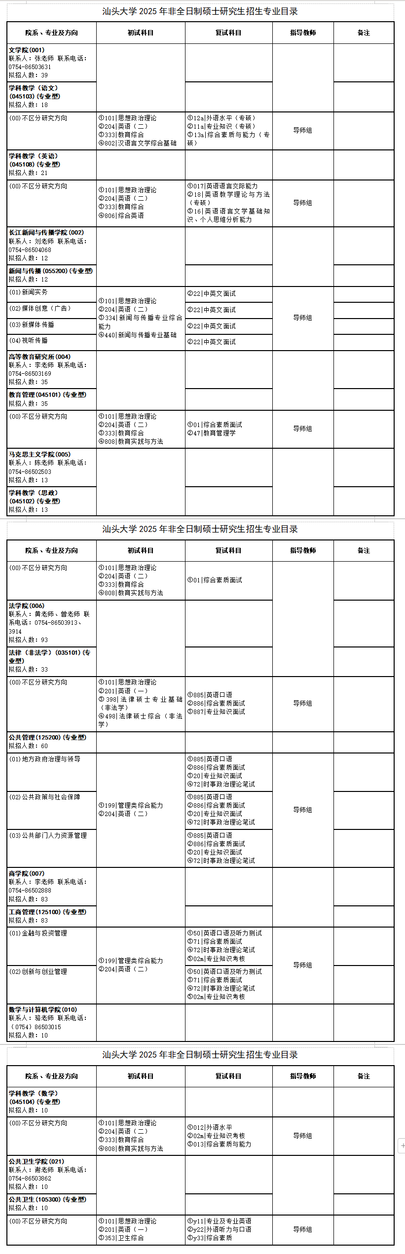 2025汕头大学研究生招生专业目录及考试科目