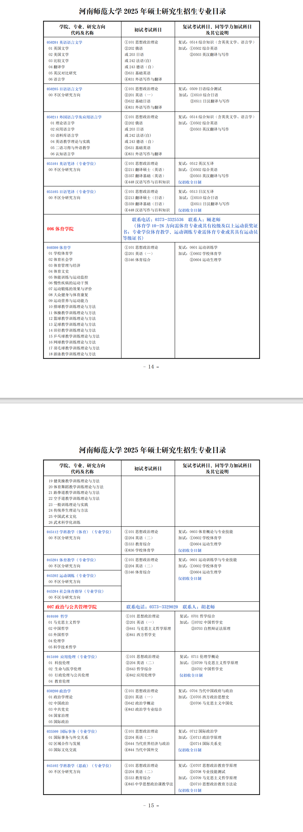 2025河南师范大学研究生招生专业目录及考试科目