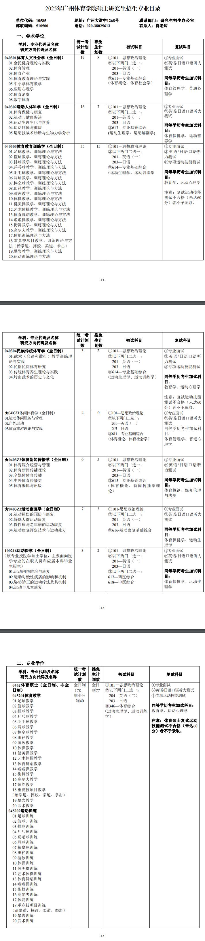 2025广州体育学院研究生招生专业目录及考试科目